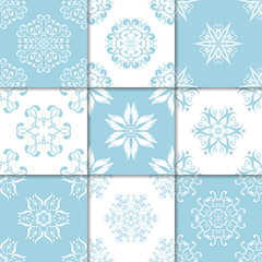Blue and white floral ornaments. Collection of seamless patterns