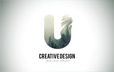 U Letter Brush with Forest Fog Texture. Forest Trees Letter Logo Design. © twindesigner