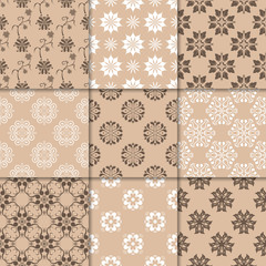 Brown beige floral ornaments. Collection of seamless patterns