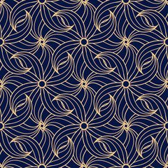 Golden floral seamless pattern on blue background