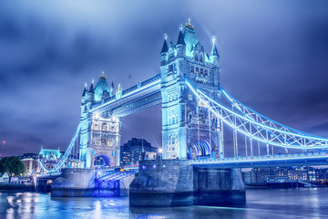 London, the United Kingdom: Tower Bridge on River Thames at night