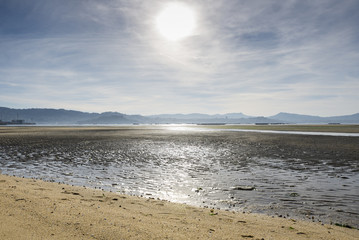 Galician beach during the low tide. Photo taken in the Vigo estuary, Galicia, Spain.