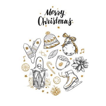 Merry Christmas and Happy New Year set. Vector hand drawn winter elements and Modern brushpen Calligraphy. Winter Joy. Let it snow. Warm Wishes Lettering
