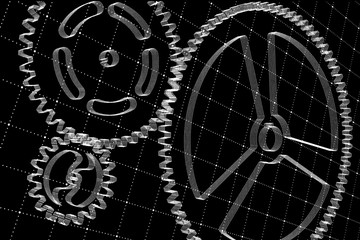 Set of white gears and cogs on virtual screen