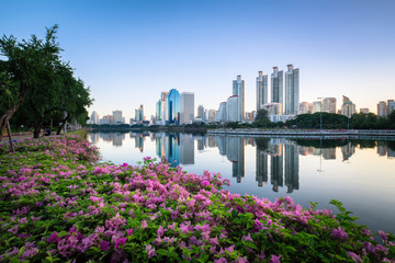 Lake Amidst Bougainvilleas and Buildings At Benjakiti Park During Sunrise