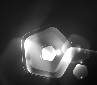 Glowing glass transparent pentagans, geometric abstract digital background