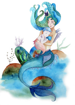 Watercolor hand paint mermaid holding a baby mermaid, on white background