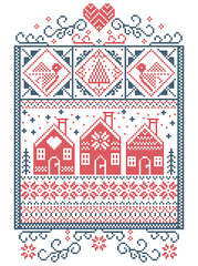 Elegant Christmas Scandinavian, Nordic style winter stitching, pattern including snowflake, heart,  Swedish style gingerbread house, Christmas tree, gift, snow, robin, snowflake, star in red, blue
