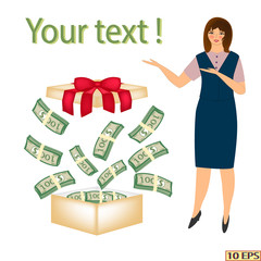 The girl talks about the success of the business. Wads of hundred dollar bills. Businesswoman and dollar banknotes isolated on white background. Vector illustration.