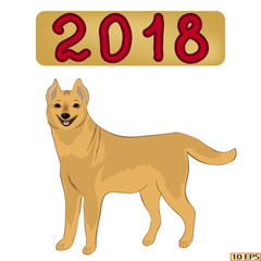 Poster for the new year with a smiling yellow dog. Symbol 2018. Christmas. Yellow dog isolated on a white background. 2018 - the year of the yellow dog. Vector illustration.