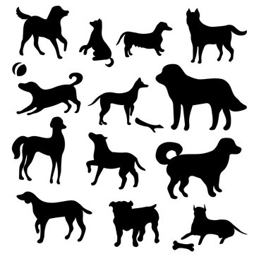 A set of dog isolated. Black silhouette of a dog on a white background. Collection of black icons of dogs. Vector illustration.