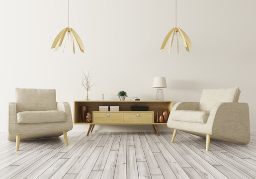 Interior with wooden cabinet and two armchairs 3d rendering