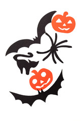 Silhouettes of black volatile bats, cats, orange pumpkins, cats and spider carved out of black paper are isolated on white
