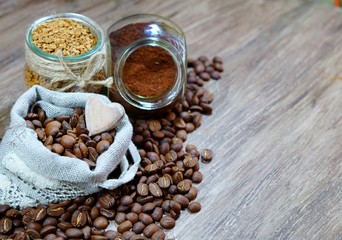 Coffee beans - coffee beans in a linen bag - selective focus
