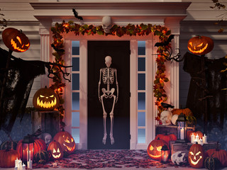 halloween decorated house with pumpkins and skulls. 3d rendering
