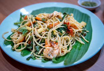 Spaghetti with shrimps, chili