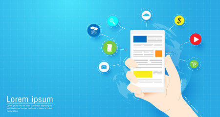 Hand holding Smart phone with Social media and web icons. Flat vector cartoon illustration