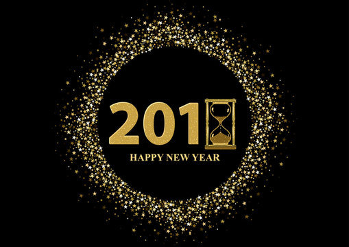 Happy New Year Greeting with Golden Stars on Black Background - Glittering Illustration, Vector