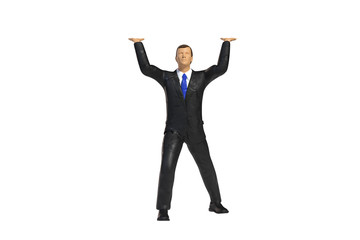 tiny toy miniature businessman figure lifting, concept isolated on white background