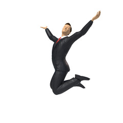 toy miniature businessman figurine is jumping for joy and happiness, concept isolated on white background