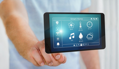 Businessman using smart home remote device 3D rendering