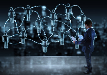 Businessman watching social network sketch on a rooftop 3D rendering