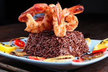 king prawns grilled with a side of red rice