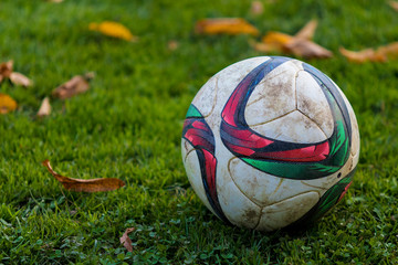Soccer ball on green grass, copy space