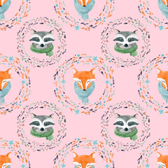 Watercolor cute animal vector pattern