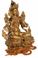 The Syama Tara (Green Tara) statuette with amber beads; Buddha sits in the lotus position