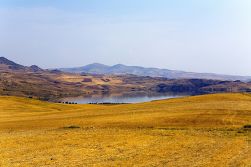 Fototapeta premium Landscape with field, mountains and pond.