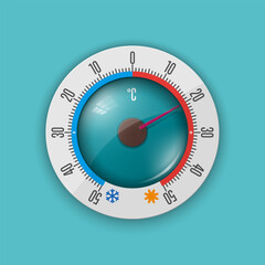Round glass thermometer with a scale along the circumference, heat and cold. Realistic style. Vector illustration