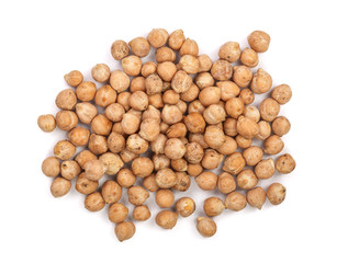 Dry raw organic chickpeas isolated on white background. Top view