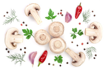 mushrooms with parsley leaf garlic and peppercorns isolated on white background. top view