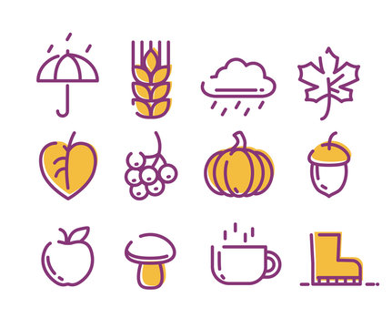 Cute Linear Autumn Icons Set.