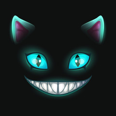 Fantasy scary smiling cat face on black background. - obrazy, fototapety, plakaty