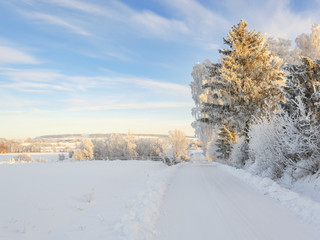 Rural view with snow and frost in the landscape