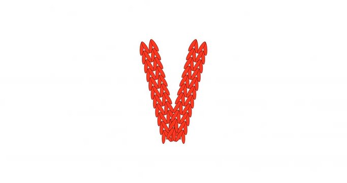 Knitting alphabet abc letter V in red color on white background. Christmas or New Year concept for banner, card, billboard, print or web site. 2D cartoon animation in 4K.