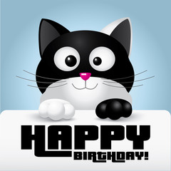 Black and white cat holding a happy birthday greeting card - cute vector illustration