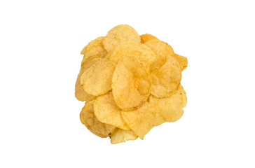 Heap of potato chips isolated on white. Top view.