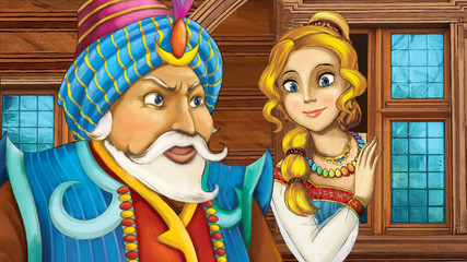 cartoon scene with prince or traveler outside looking at princess giving her lot of jewels illustration for children 
