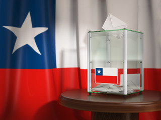 Ballot box with flag of Chile and voting papers. Chilean presidential or parliamentary election or referendum.