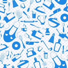 Seamless pattern on the theme of cooking and kitchen utensils, simple contour icons,a blue silhouettes of icons on the background of polka dots 