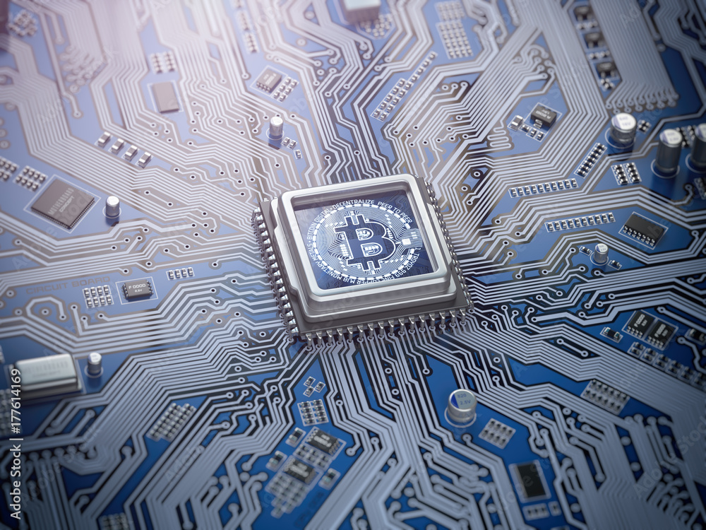Poster Bitcoin hologram over CPU core and computer circuit board or motherboard. Cryptocurrency mining concept.
