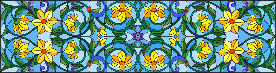 Illustration in stained glass style with abstract  swirls,yellow flowers and leaves  on a blue background,horizontal orientation