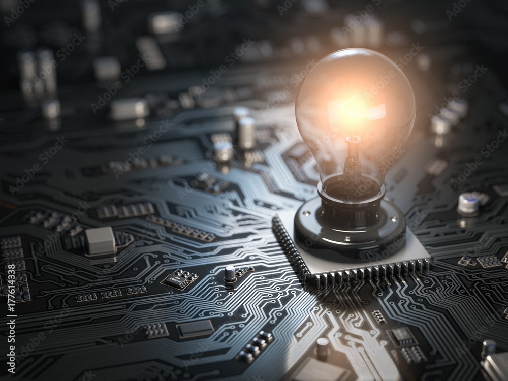 Poster glowing light bulb as cpu on motherboard circuit board. idea creativity business concept.