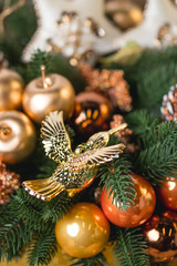 Christmas decor and gift with natural vintage background for card design. top flat view.