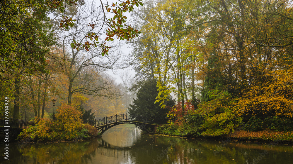 Poster scenic view of misty autumn landscape with beautiful old bridge in the garden with red maple foliage