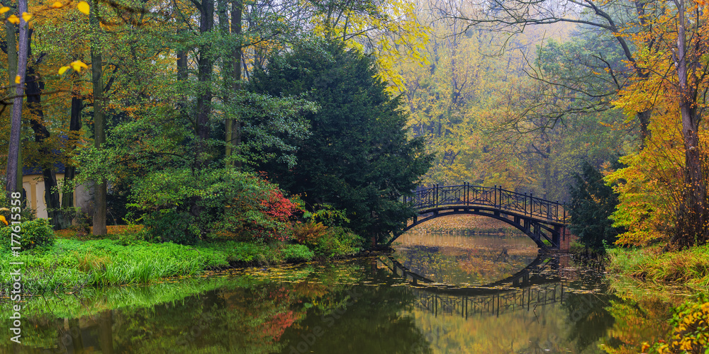Poster scenic view of misty autumn landscape with beautiful old bridge in the garden with red maple foliage