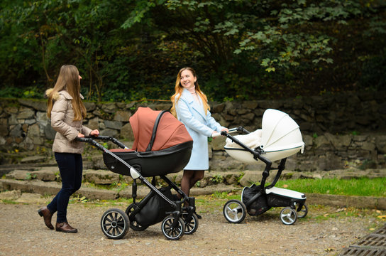 Two happy mothers with their baby strollers walking together in park. Motherhood